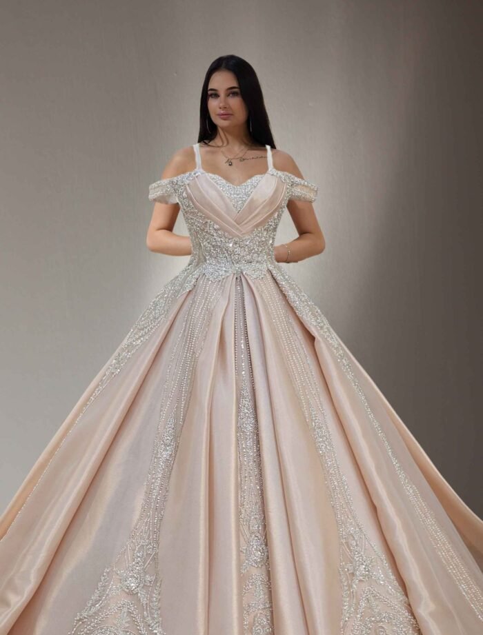 Embroidered ball gown peach pink