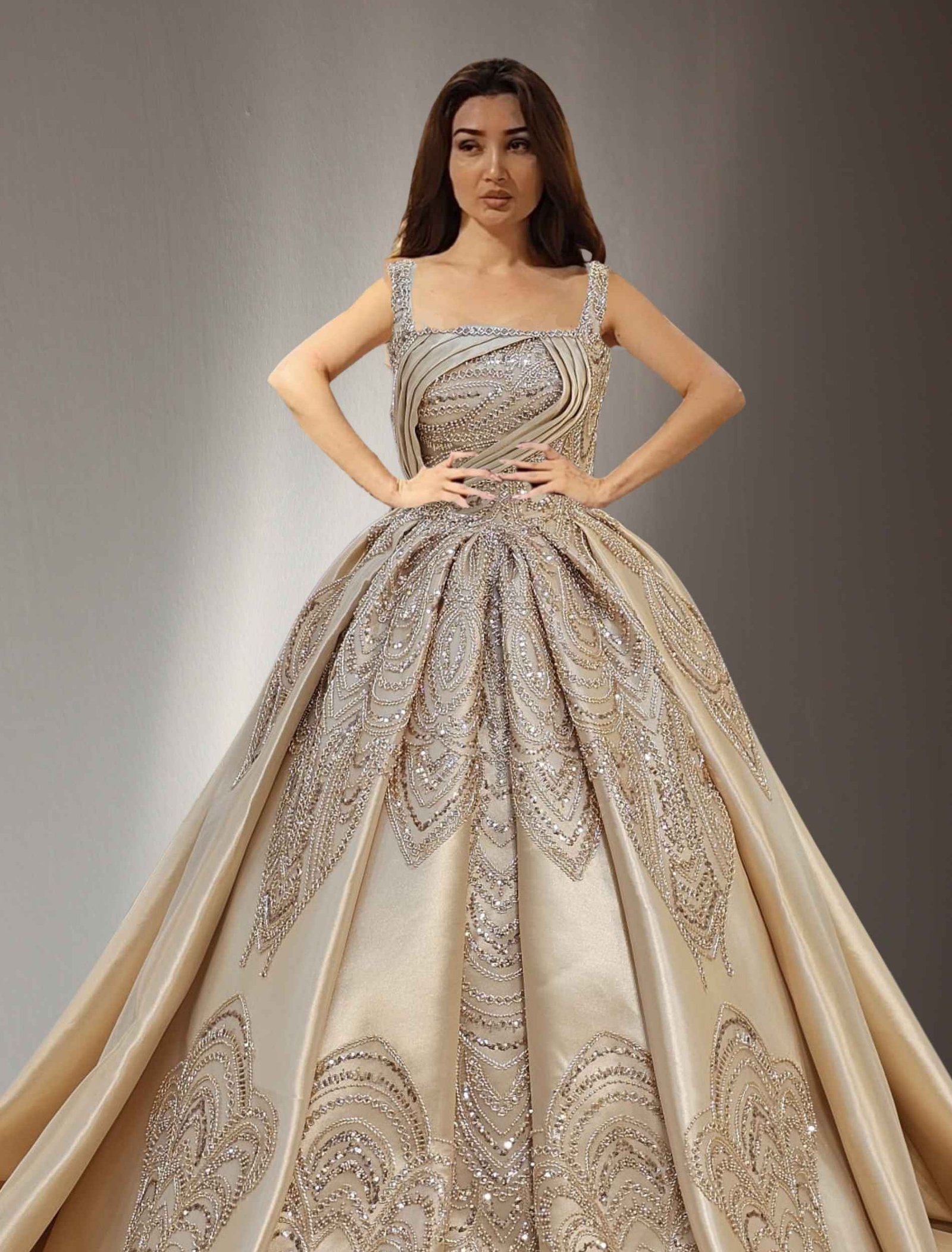 off shoulders beaded lace ball gown dress gold