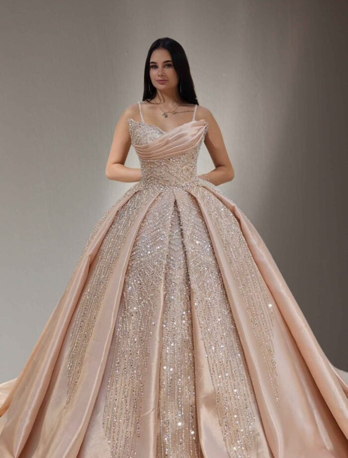 Embroidered ball gown peach pink