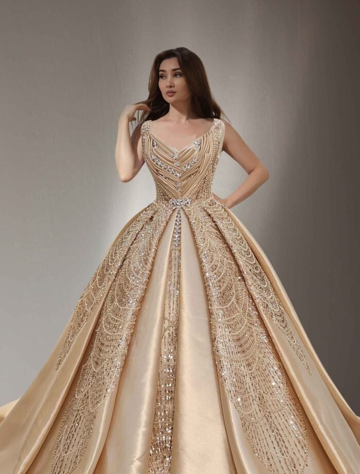 beaded lace ball gown dress gold