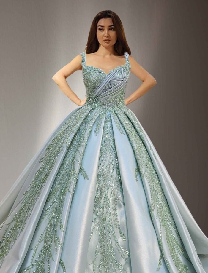 off shoulders beaded lace ball gown dress mint green