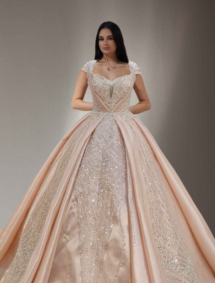 Embroidered lace ball gown peach pink