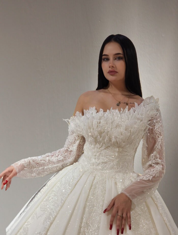 one-shoulder eaded lace ball gown wedding dress - Image 2