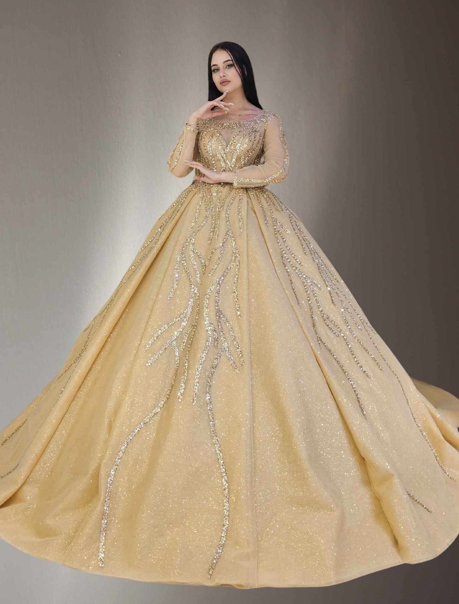 long sleeves beaded lace ball gown dress gold - Image 2