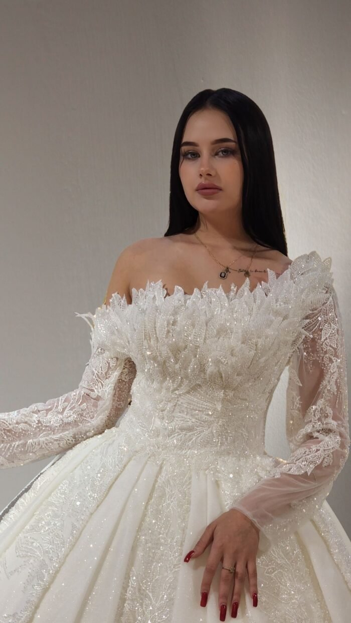 one-shoulder eaded lace ball gown wedding dress