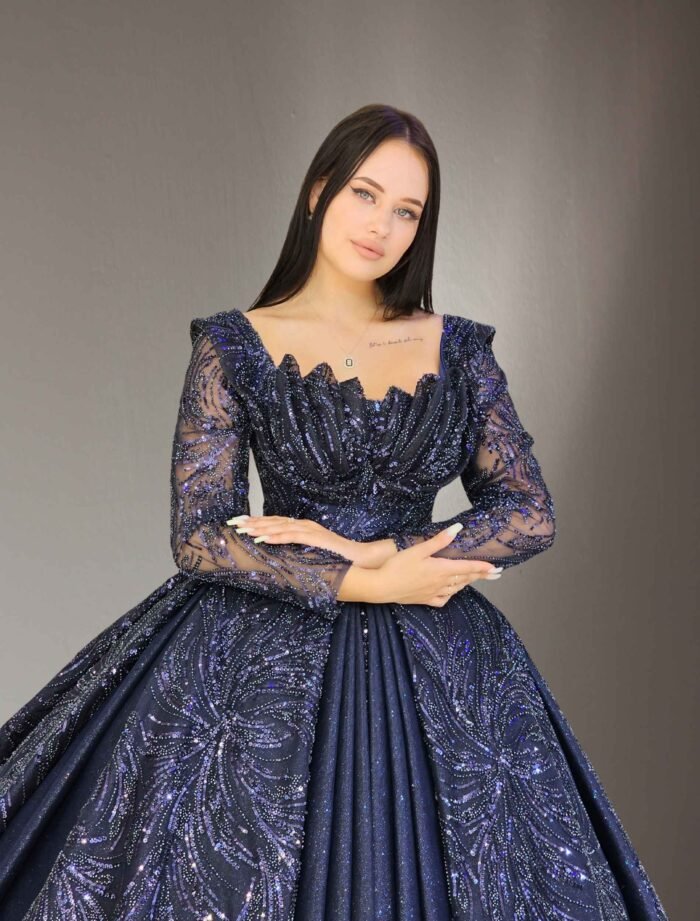 navy blueparkly beaded tulle Quinceanera dress067