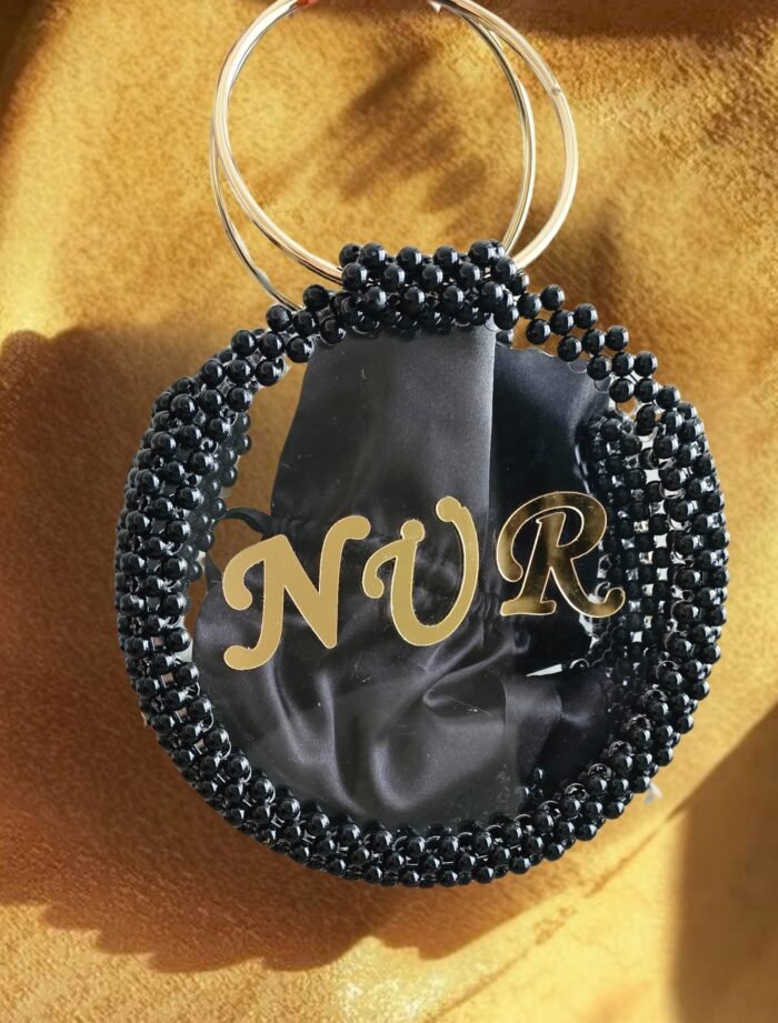 Black Round black beaded handbag with golden handle and chain strap with name Customization .