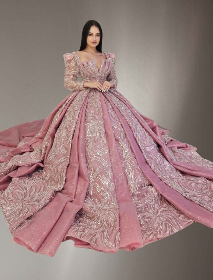 puff long sleeves Embroidered ball gown pink - Image 2