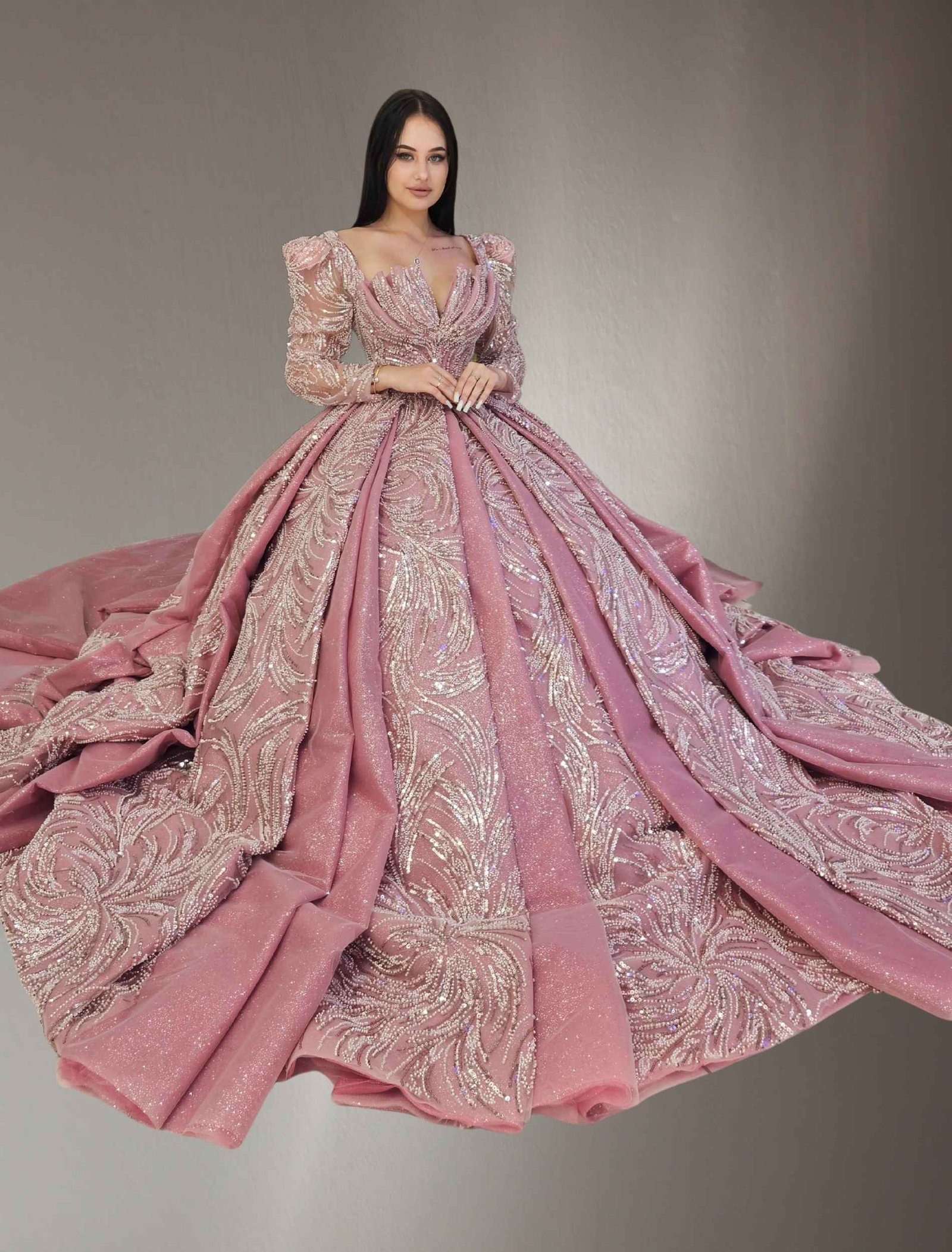 puff long sleeves Embroidered ball gown pink - Image 2