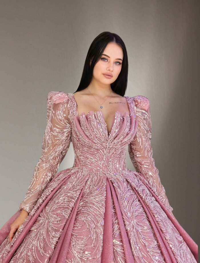 puff long sleeves Embroidered ball gown pink
