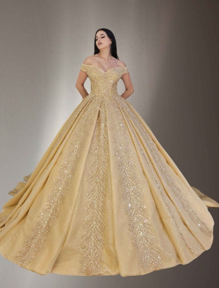 off shoulders beaded lace ball gown dress gold - Image 2