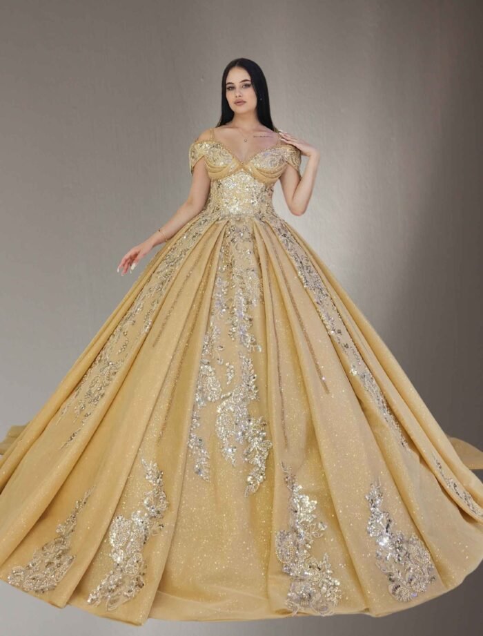 off shoulders beaded lace ball gown dress gold - Image 2