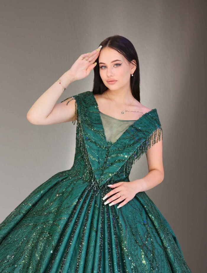 v-neck embroidered lace ball gown dark green