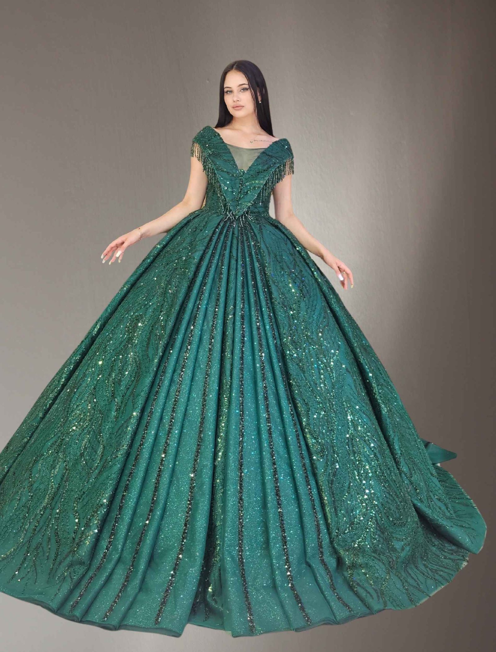 v-neck embroidered lace ball gown dark green - Image 2