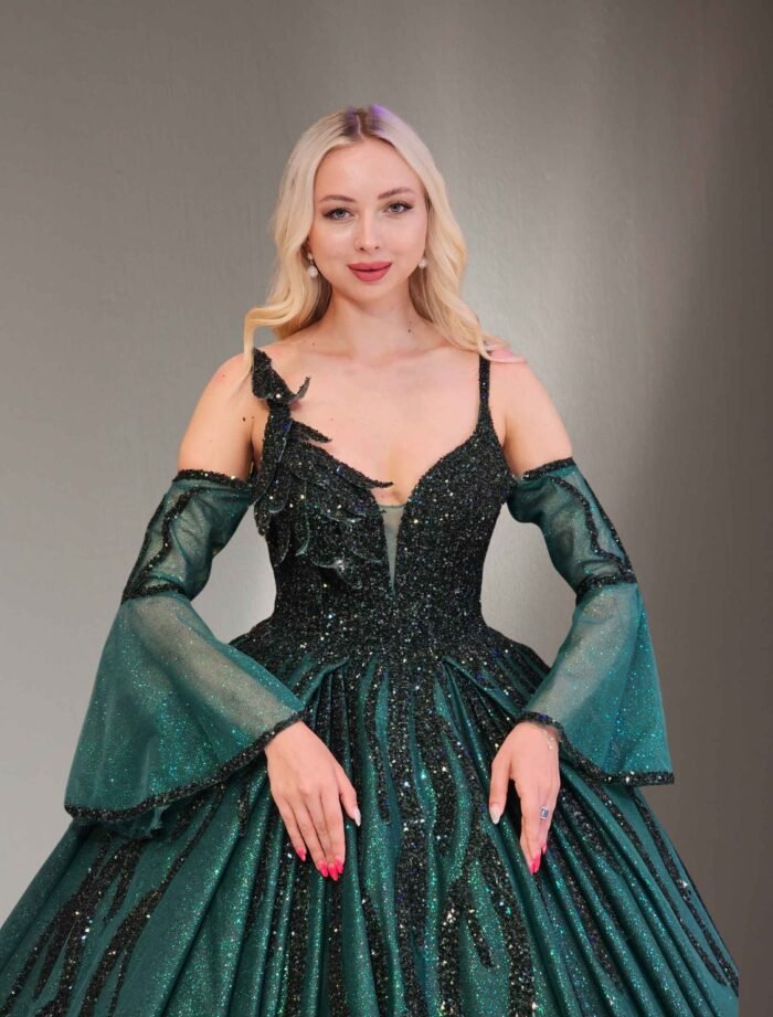 long sleeve embroidered lace ball gown dark green