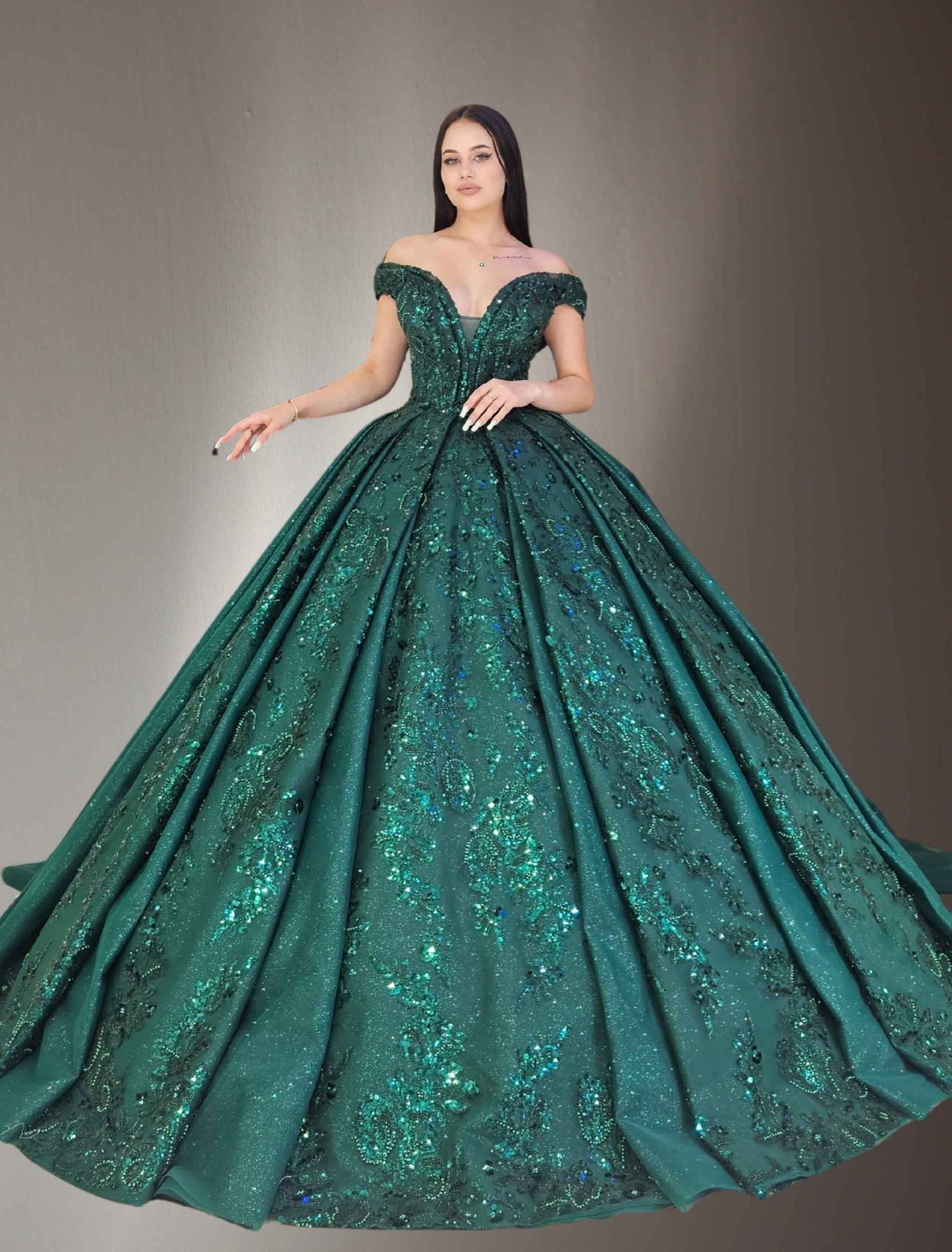 off shoulders embroidered lace ball gown dark green - Image 2