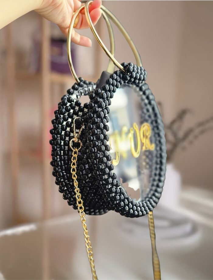 Black Round black beaded handbag with golden handle and chain strap with name Customization .