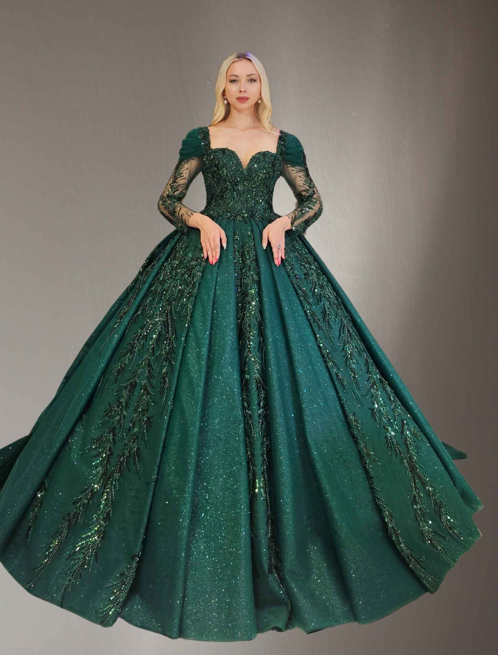 long sleeve embroidered lace ball gown dark green - Image 2