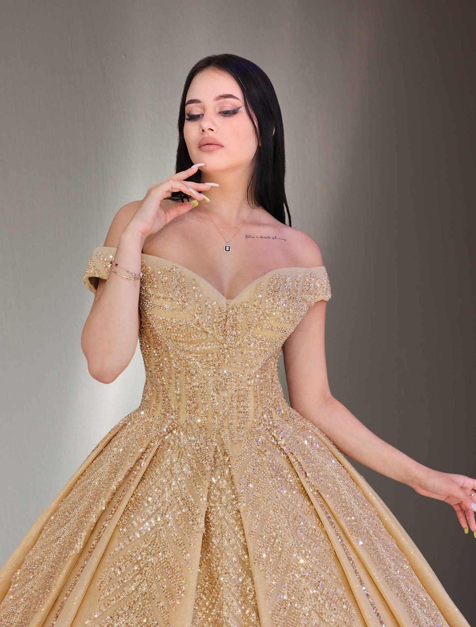 off shoulders beaded lace ball gown dress gold