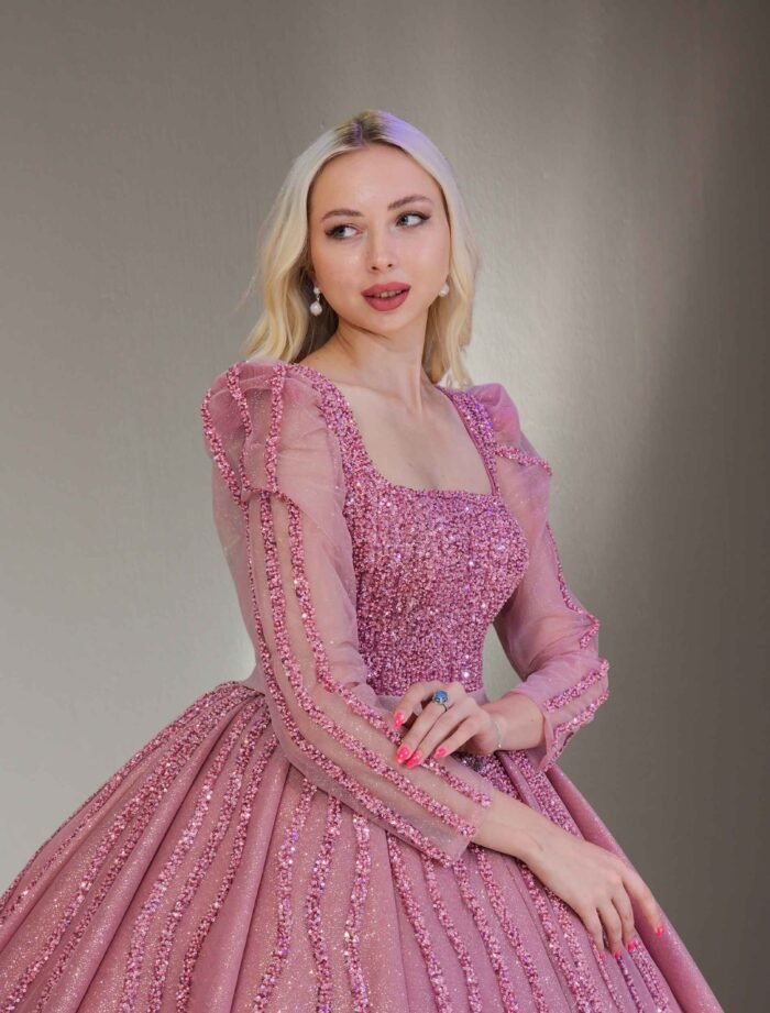 pink parkly beaded tulle Quinceanera dress058 (Copy)