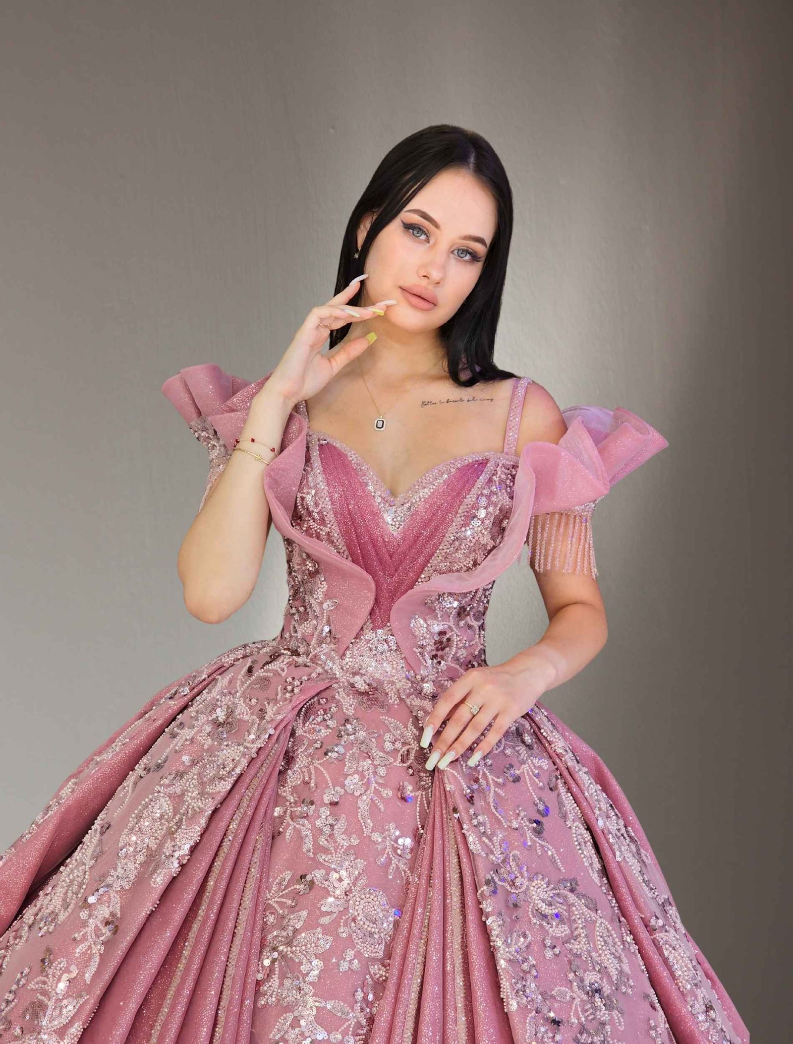 off shoulder Embroidered ball gown pink