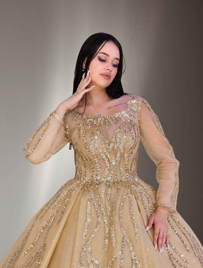 long sleeves beaded lace ball gown dress gold