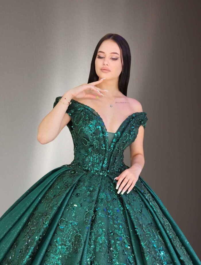 off shoulders embroidered lace ball gown dark green