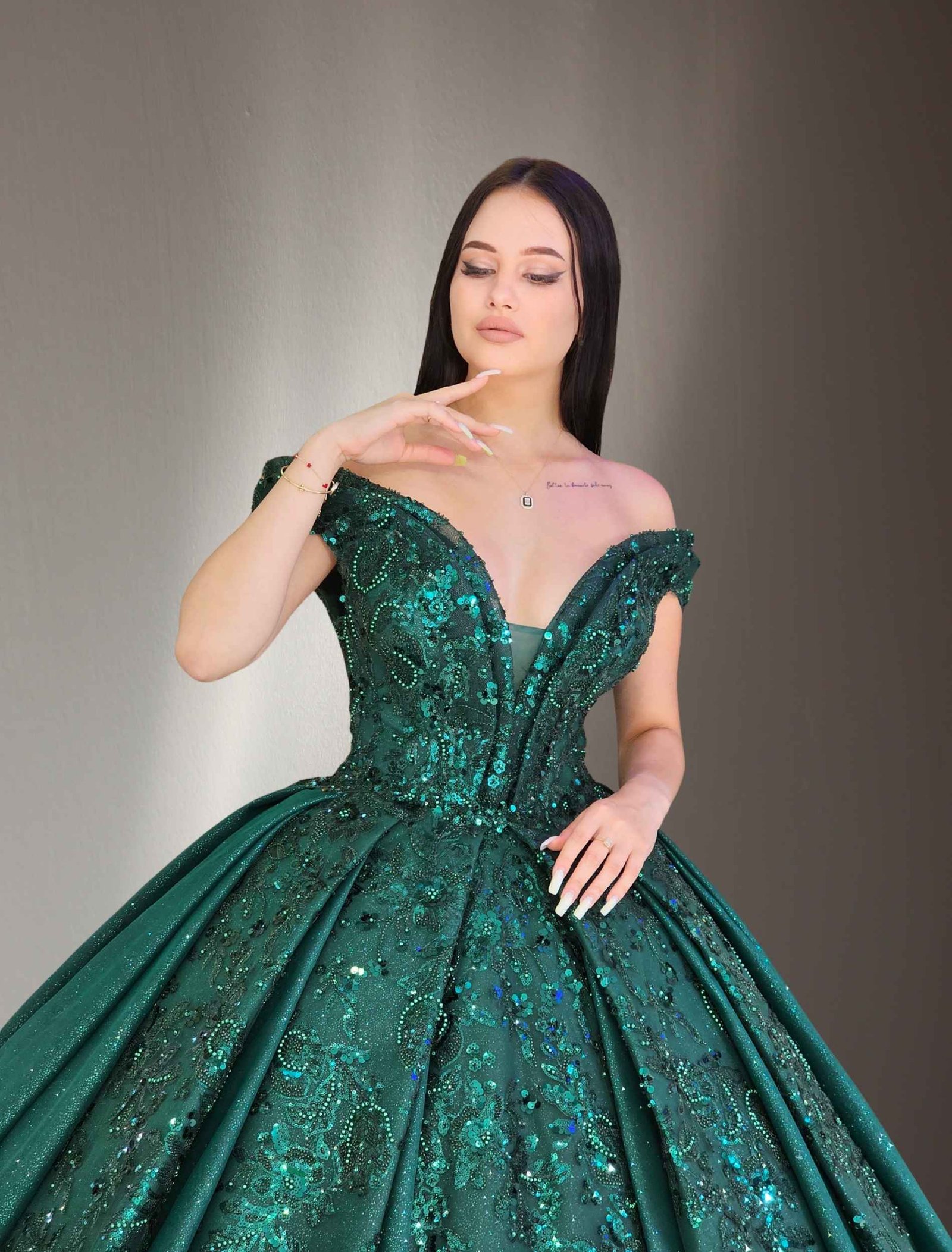 off shoulders embroidered lace ball gown dark green