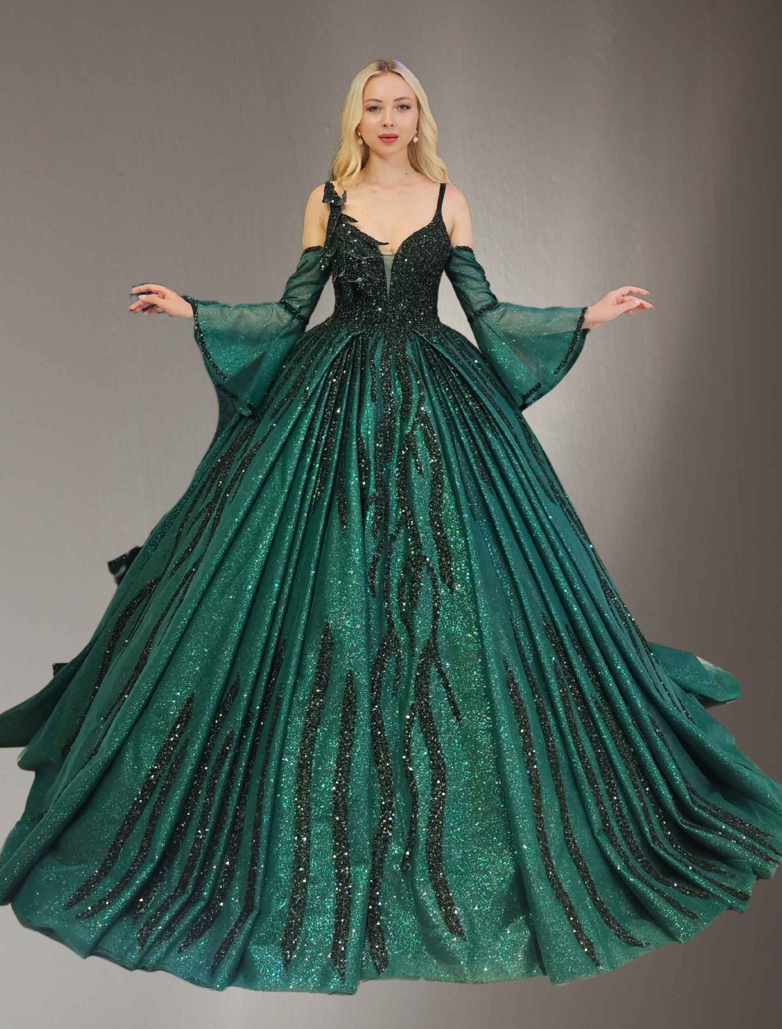 long sleeve embroidered lace ball gown dark green - Image 2