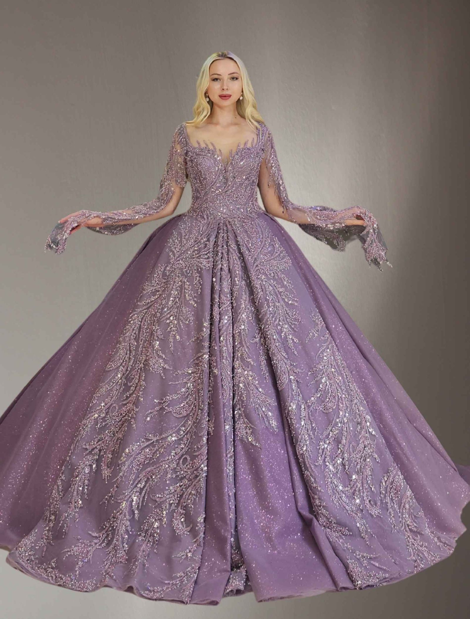 long sleeve Embroidered  quinceanera ball gown lilac - Image 2