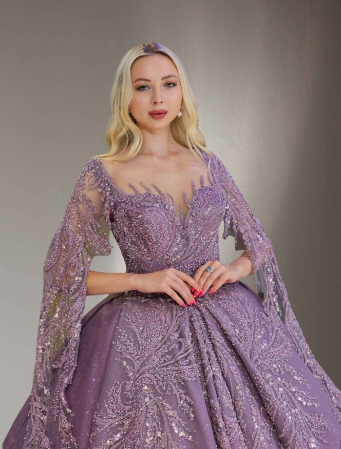 long sleeve Embroidered  quinceanera ball gown lilac