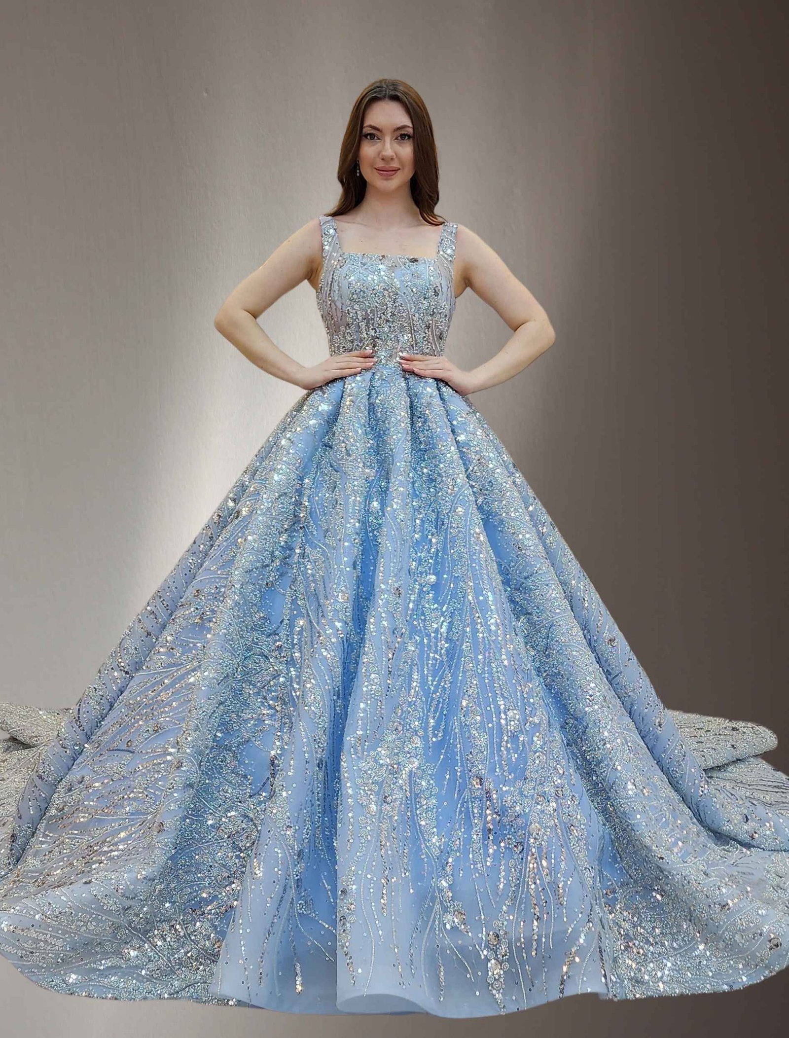 off shoulders embroidered lace ball gown baby blue - Image 2