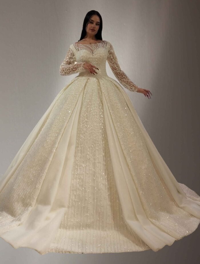 Off-Shoulder Embroidered Puffy Sleeve Wedding Dress - Image 2