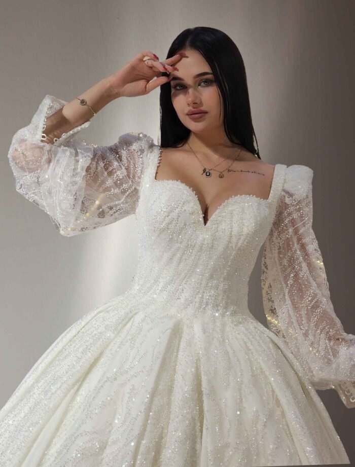 Off-Shoulder Embroidered Puffy Sleeve Wedding Dress