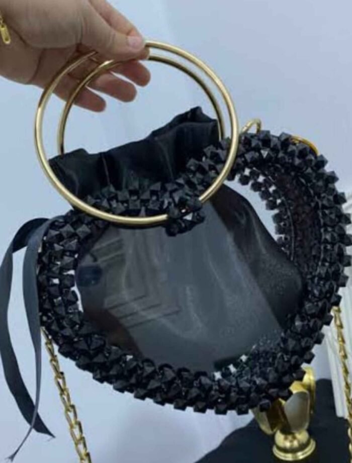 Black heart beaded clutch with golden handle and chain strap with name Customization