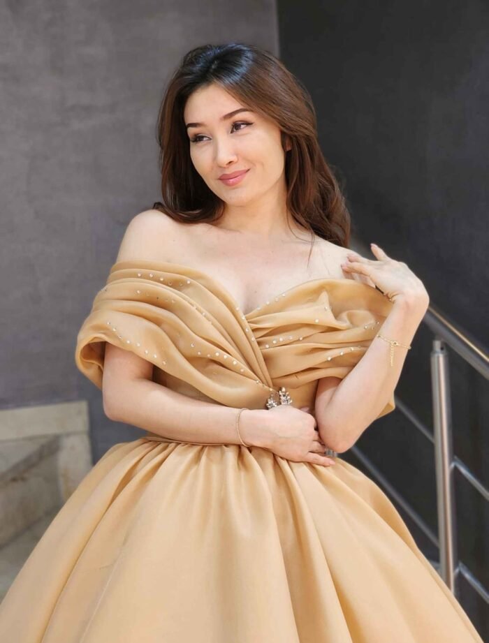 Gold Satin Off-Shoulder Light Puffy Dress