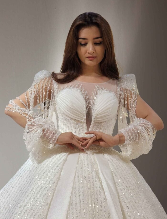 Sparkly V-Neck Ball Gown with Sheer Sleeves
