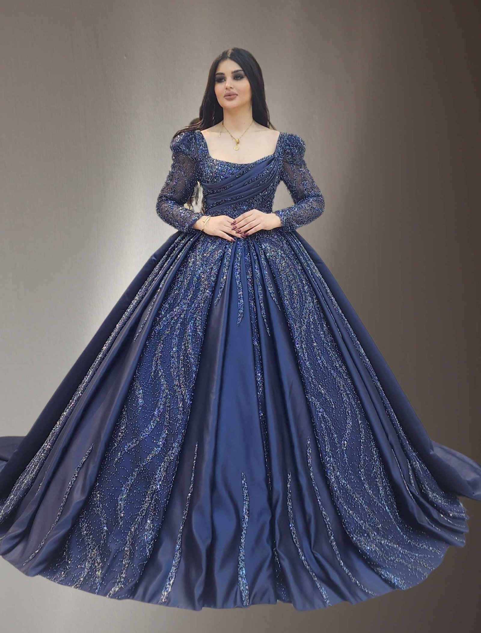 Navy Blue Beaded Ball Gown with long Sleeves - Image 2