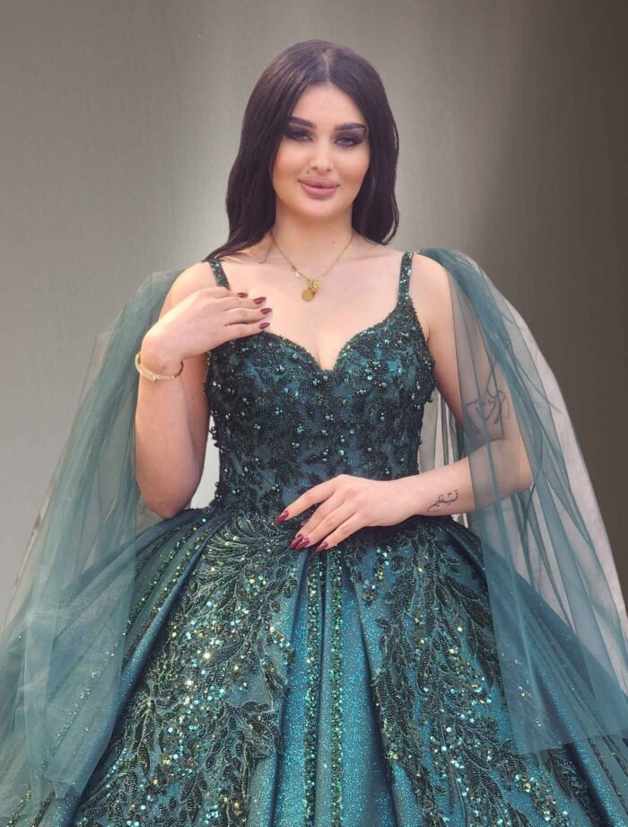 emerald green Beaded Ball Gown with Dramatic Sleeves
