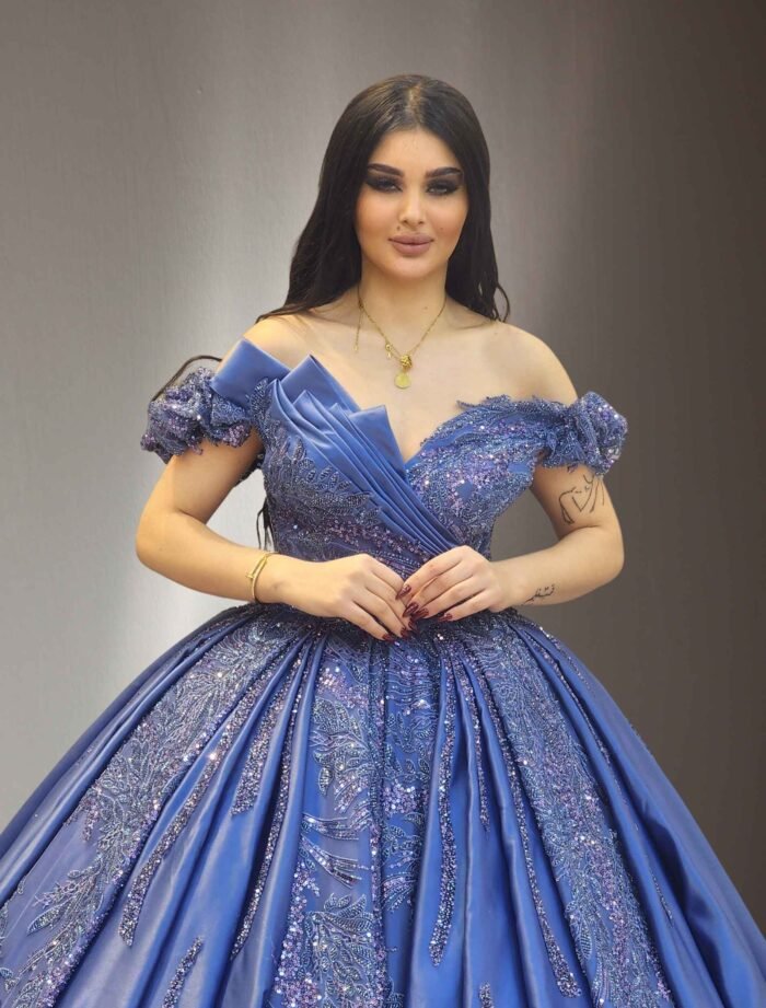 off shoulders Beaded Ball Gown light blue