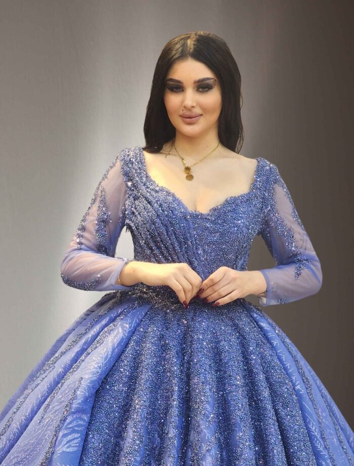 Long Sleeves Beaded Ball Gown light blue