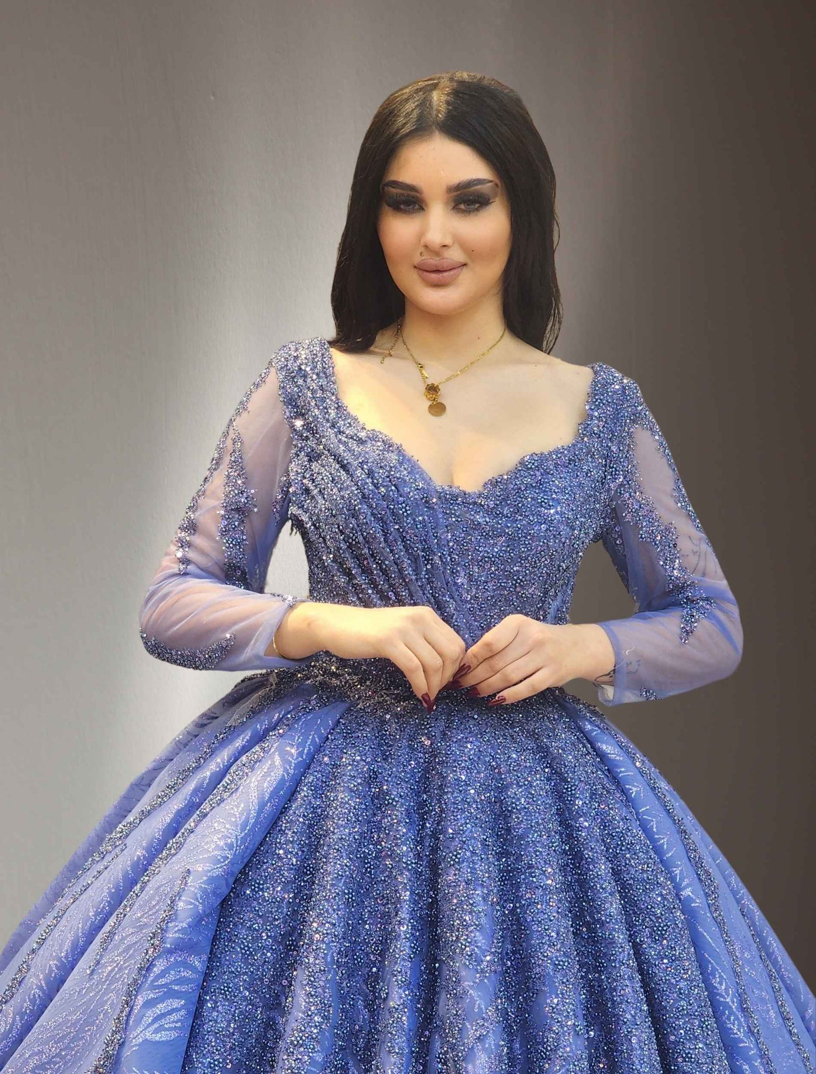 Long Sleeves Beaded Ball Gown light blue