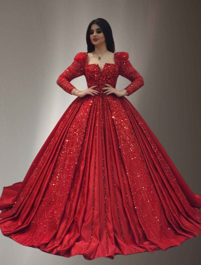 long sleeves beaded lace ball gown dress red - Image 2