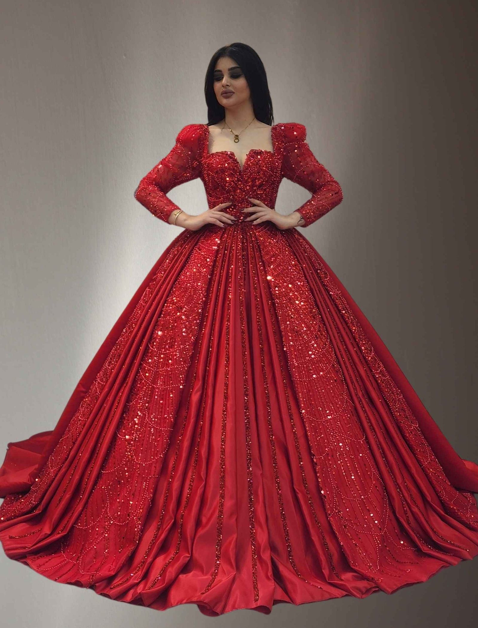 long sleeves beaded lace ball gown dress red - Image 2