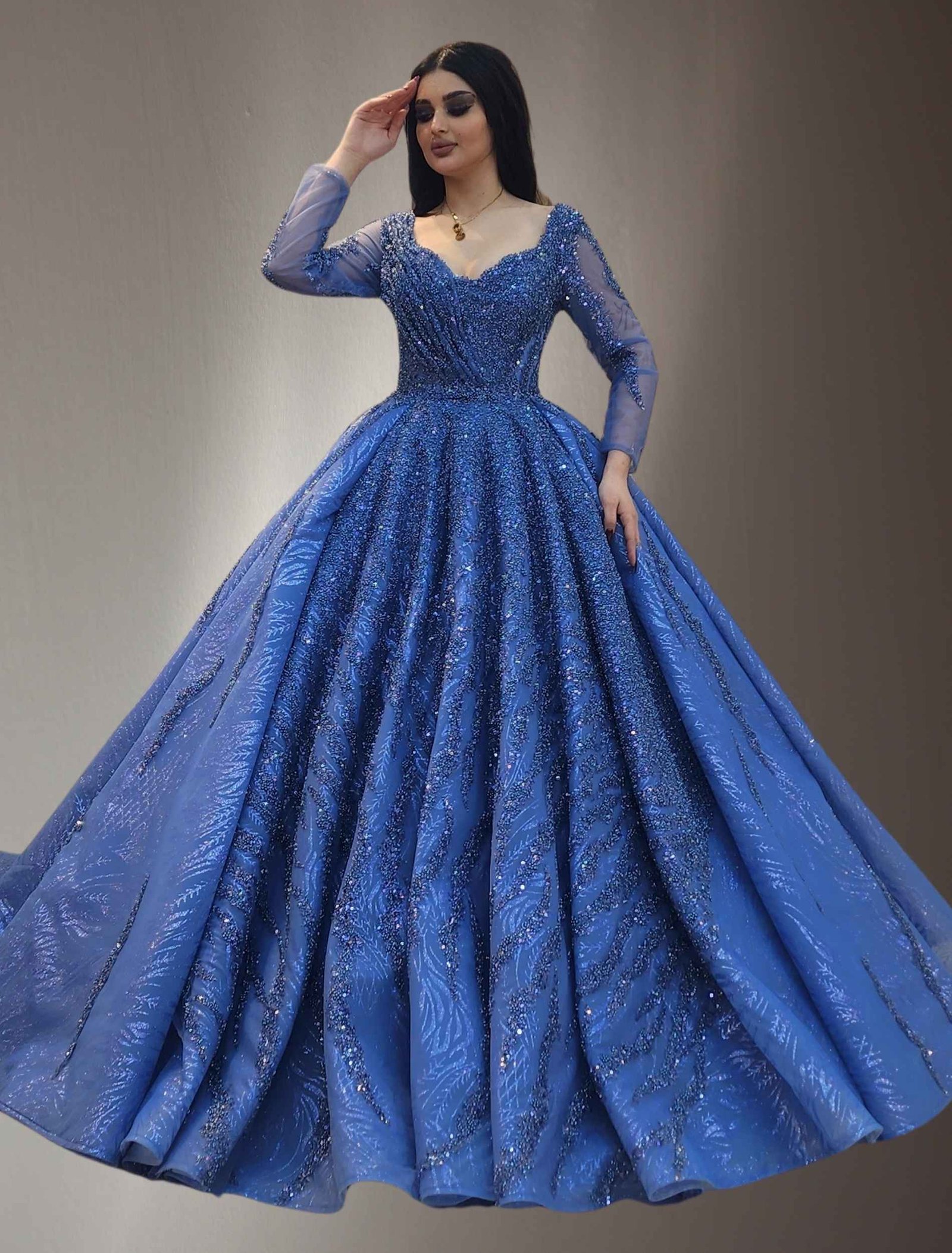 Long Sleeves Beaded Ball Gown light blue - Image 2