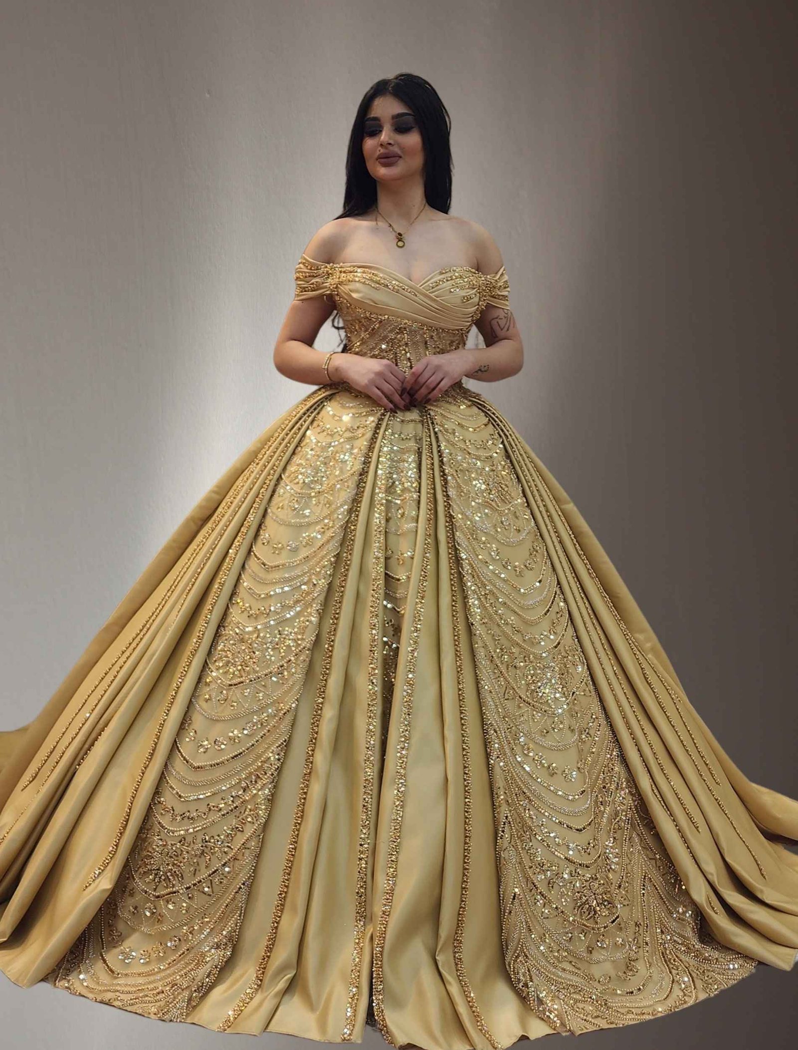 gold  off shoulders Embellished Ball Gown - Image 2