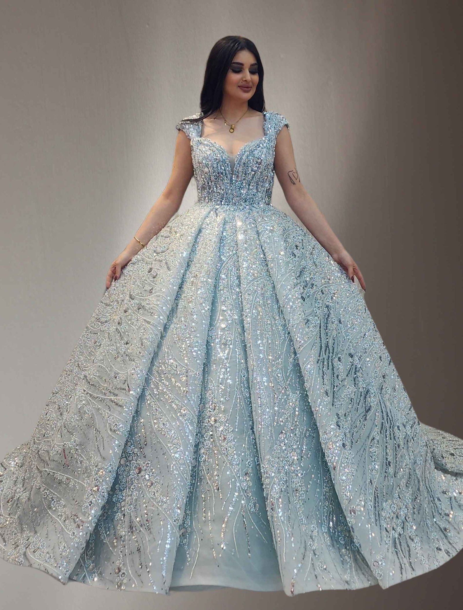 Silver Embellished Ball Gown with Cap Sleeves - Image 2