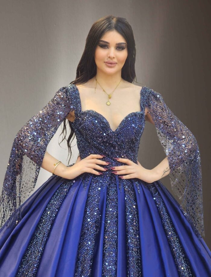 Navy Blue Beaded Ball Gown with Dramatic Sleeves