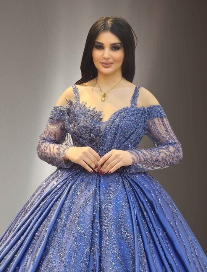Long Sleeves Beaded Ball Gown light blue