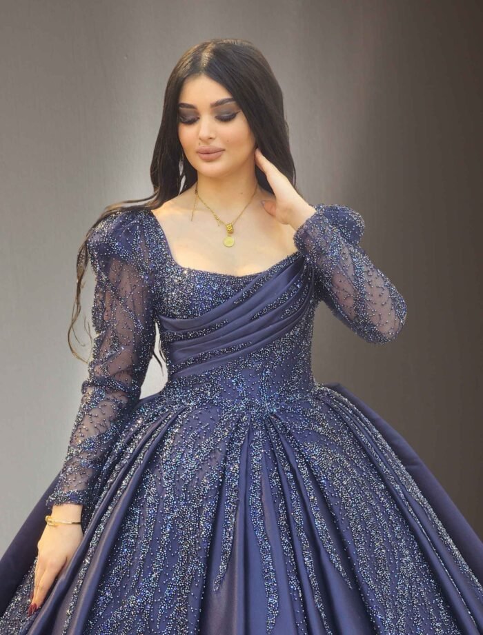 Navy Blue Beaded Ball Gown with long Sleeves